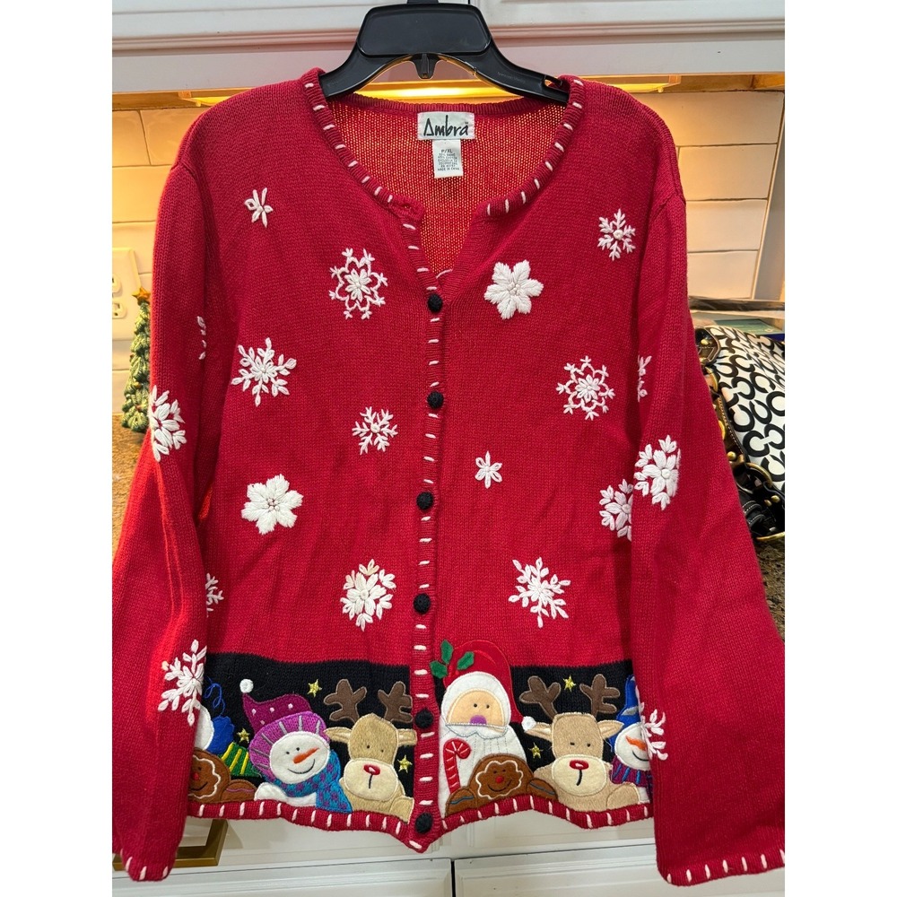 vtg ambra red Christmas embroidered‎ cardigan sweater p/xl
